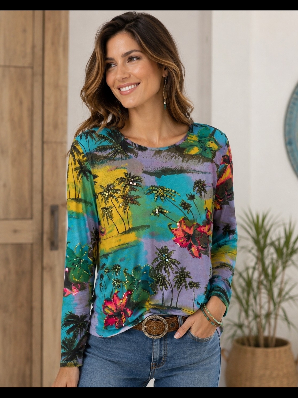 Pierre Cardin Multicolor Tropical Print Long-Sleeve Top